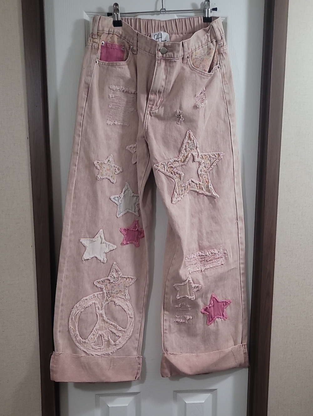 Oli & Hali Jeans Womens Pink Patchwork Star & Peace Jeans